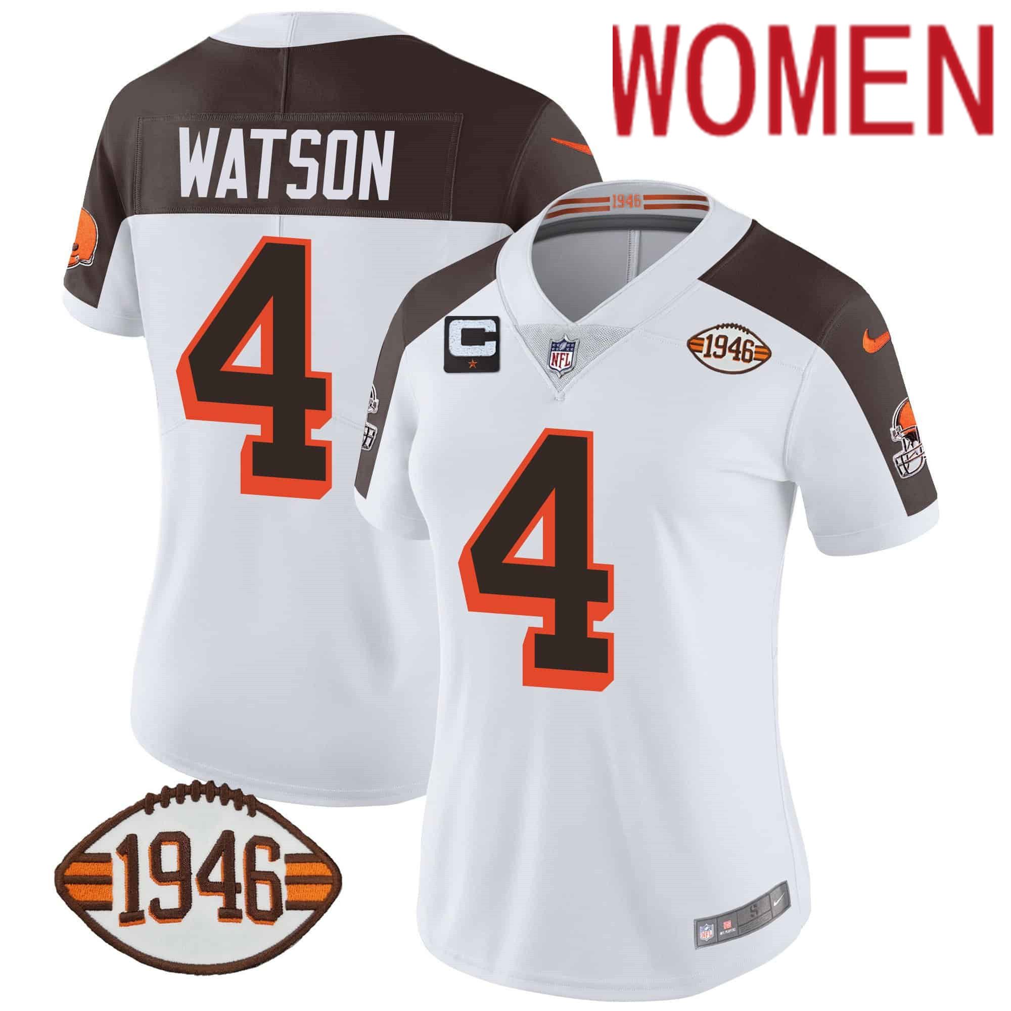Women Cleveland Browns 4 Watson White 1946 75th Anniversary Patch 2024 Nike NFL Jersey style 1